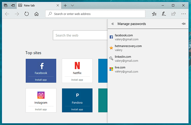 Microsoft Edge. Manage Passwords