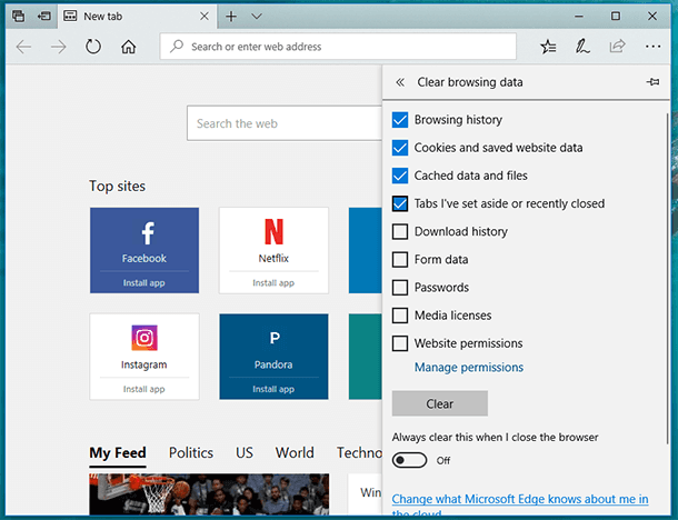 Microsoft Edge. Clear Browsing Data