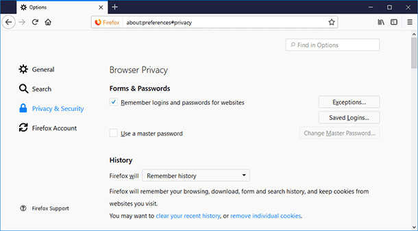 Mozilla Firefox. Go to Menu / Options / Privacy and Security / Forms and Passwords / Saved logins