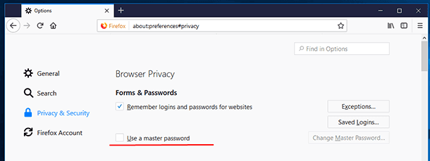 Mozilla Firefox. Master Password