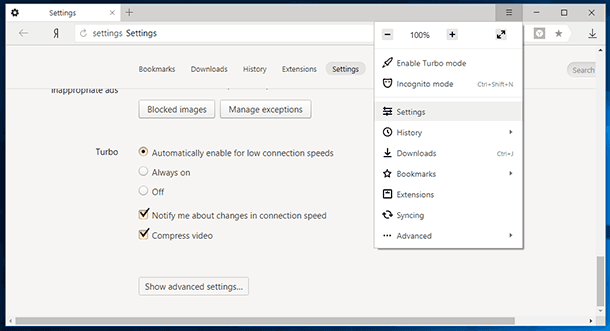 Yandex.Browser. Menu / Settings / Settings / Passwords and forms / Manage passwords