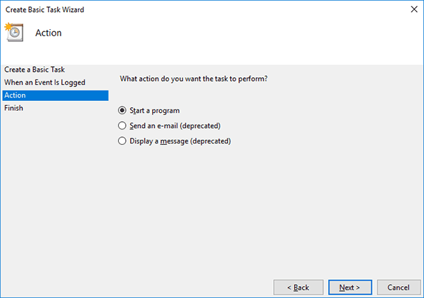 In the line “Action” select “Send an e-mail.”