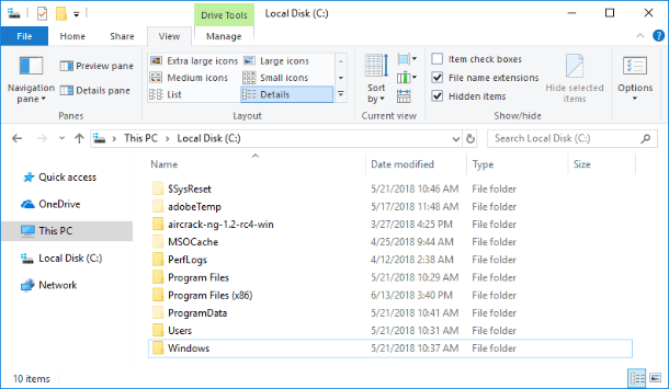 Hidden system files in the Windows File Explorer