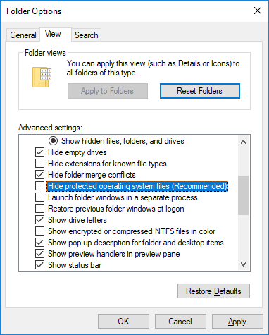 Folder options / View