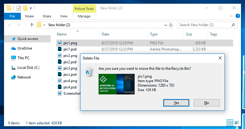 Delete File window asking to confirm if you really want to move this file to the Recycle Bin