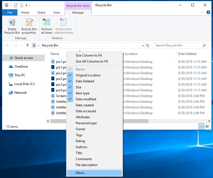 Context menu containing all possible columns of Recicle Bin. More...