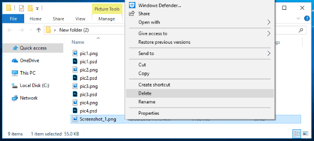 right-click on the selected file and open the context menu. From the list of possible actions, select Delete.