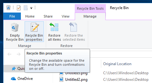 Properties of Recicle Bin