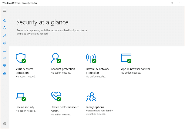 Windows Defender Security Center. Main page