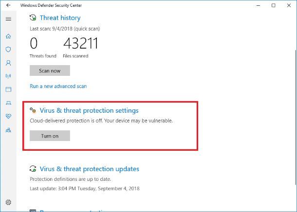 Virus and threat protection settings