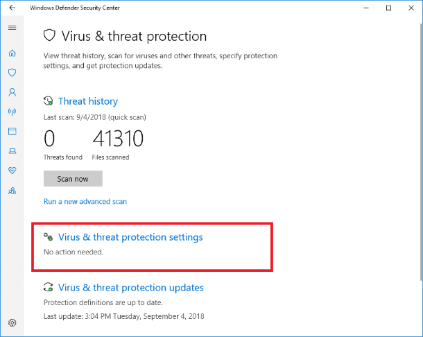 Windows Defender Security Center. Virus and theat protection settings