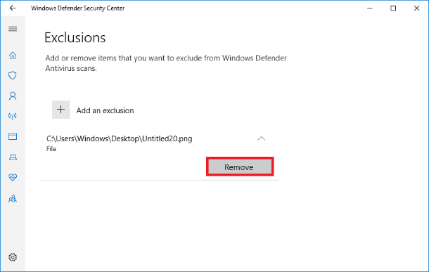 click on Remove to delete the file from the exclusions list