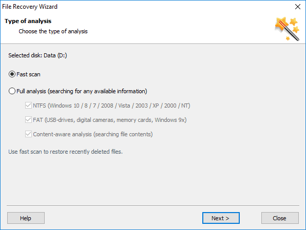 Hetman Partition Recovery. Choose Fast scan or set Full analysis