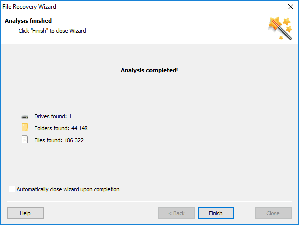 Hetman Partition Recovery. When the analysis is over, click the Finish button