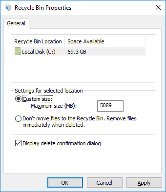 Recycle Bin Properties. Custom size