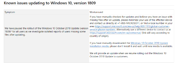Known issues updating to Windows 10, version 1809