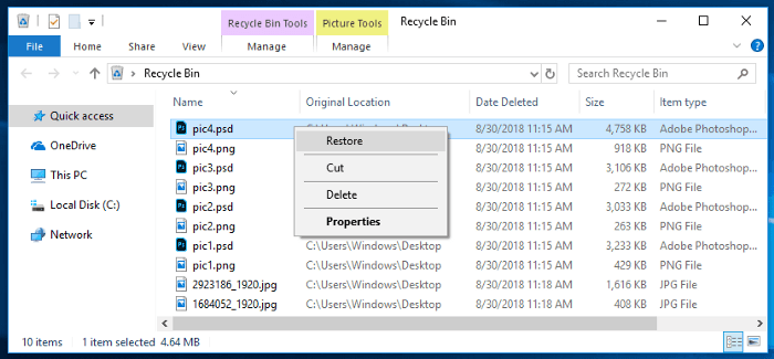 Right-click on Recycle Bin and select Restore from the menu