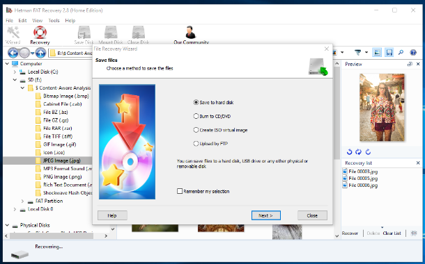 Hetman Partition Recovery. Quatre options par défaut pour enregistrer les fichiers