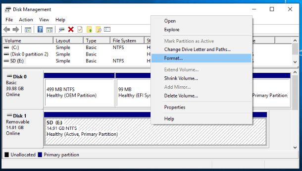 Format memory card in Disk Management