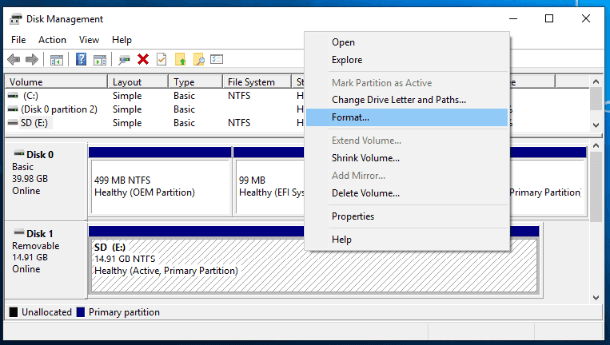 Formater la carte mémoire dans la gestion des disques