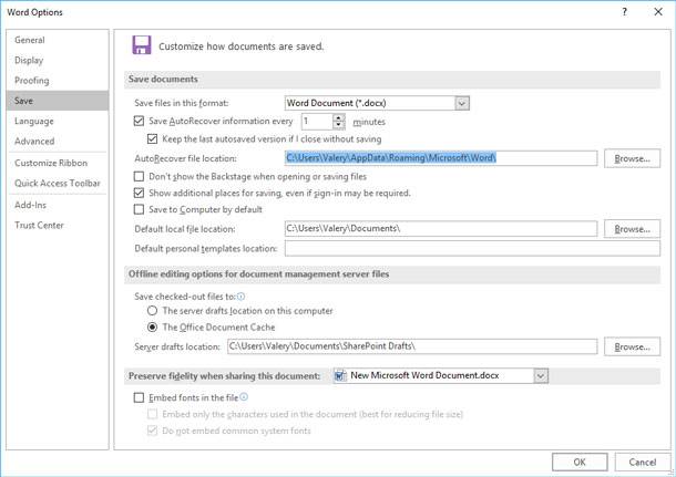 Option d'enregistrement automatique dans Microsoft Word