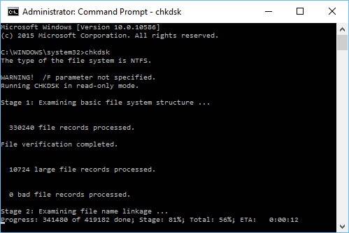 launch the command prompt as the administrator and type in “CHKDSK”