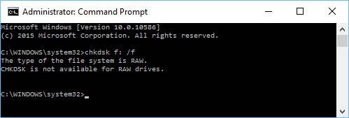 نوع نظام الملفات هو RAW. وفحص CHKDSK غير متاح لمحركات أقراص RAW