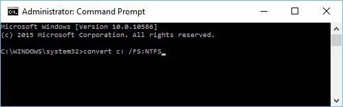 Enter command: Convert c: /FS:NTFS