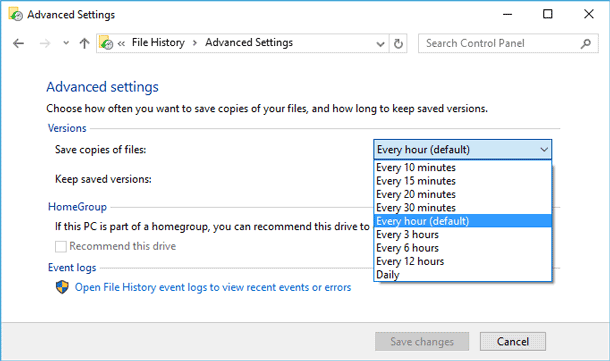 Advanced settings of File History