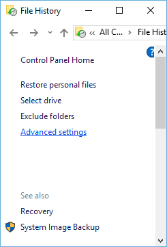 Advanced settings of File History