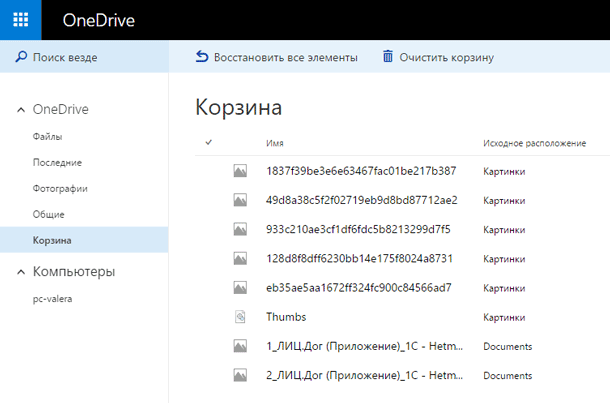 OneDrive. Корзина