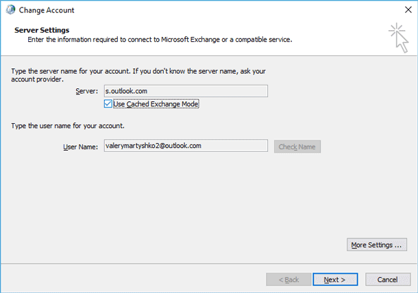 Outlook Server Settings