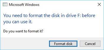 Microsoft Error. You need to format disk before you can use it