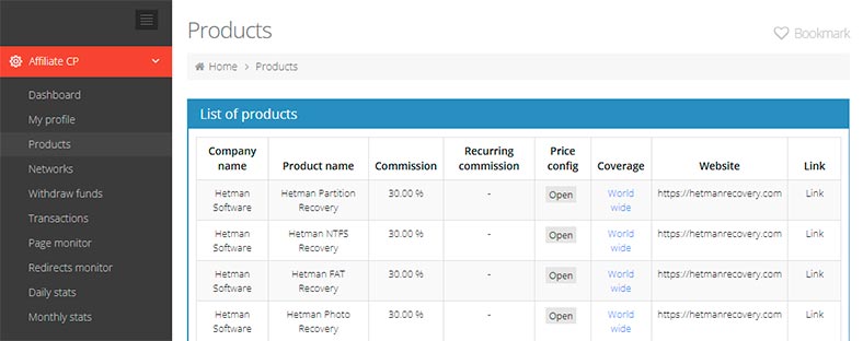 Список продуктов компании и ссылки на покупку
