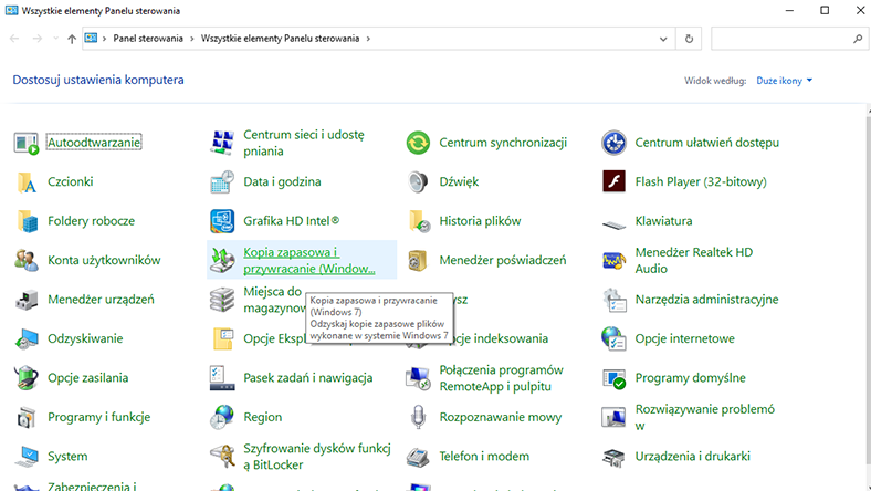 Panel sterowania:Kopia zapasowa i przywracanie (Windows 7)