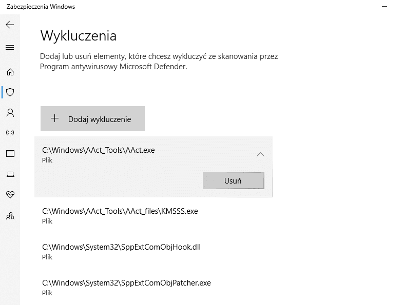 Windows Security Center Defender: Remove exception