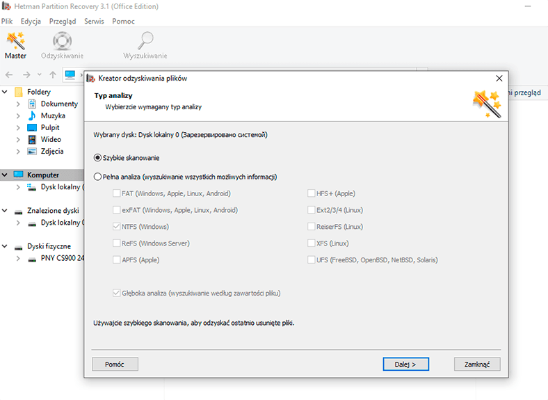 Hetman Partition Recovery. Typ analizy