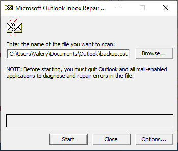 Microsoft Outlook. Uruchomić proces diagnostyczny i korekcji błędów dla określonego pliku