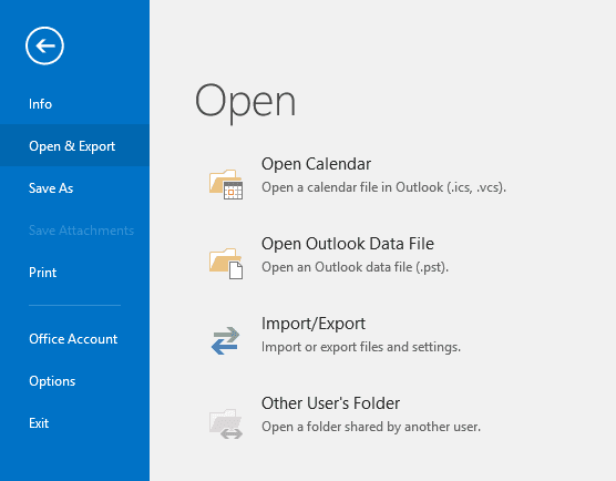 Microsoft Outlook. «Otwórz i eksportuj»