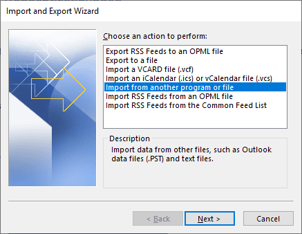 Microsoft Outlook. «Importuj z innego programu lub pliku»