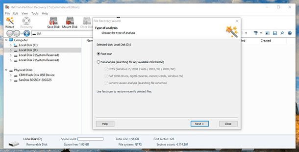 Hetman Partition Recovery. Typ analizy