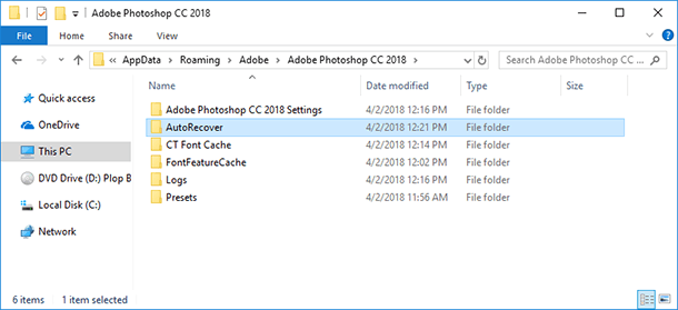 Folder na dysku :C gdzie Photoshop zapisuje wersje dokumentów do automatycznego odzyskiwania