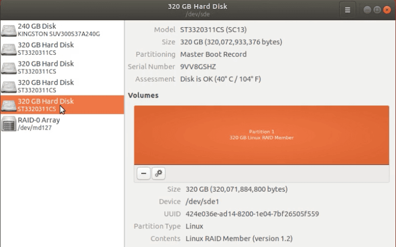 Linux disk utility - urządzenie RAID-0