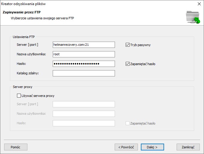 Jak zapisać odzyskane pliki na FTP