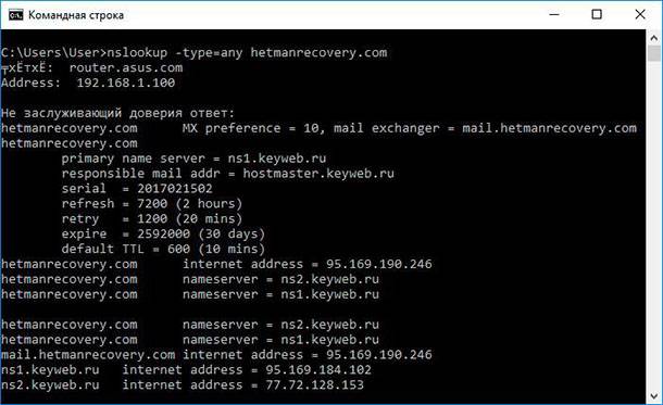 Команда: nslookup