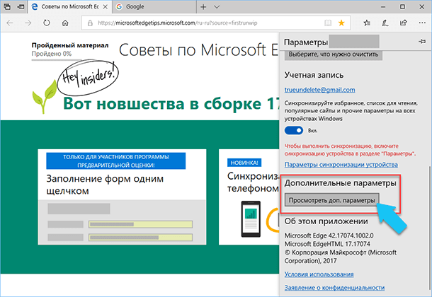 Microsoft Edge: Дополнительные параметры