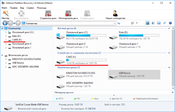 Hetman Partition Recovery. Підключені до ПК жорсткі диски, знімні носії інформації, фізичні та локальні диски