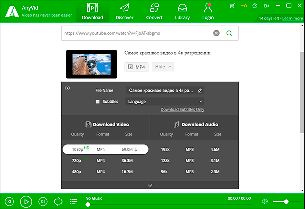 AnyVid. Форматы качества для загрузки видеофайла