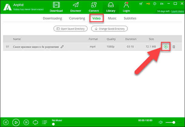 AnyVid. Нажать кнопку «Play» для воспроизведения скачанного файла.