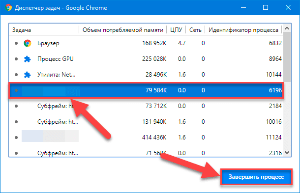 Диспетчер задач Google Chrome. Завершить процесс